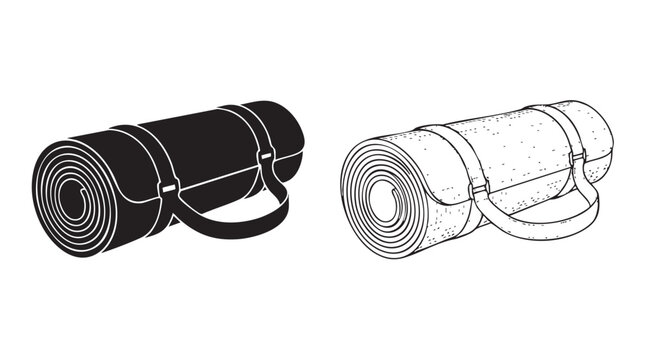 black silhouette with line art vector of a rolled-up yoga mat