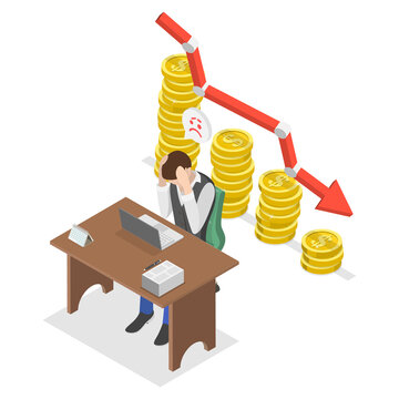 3D Isometric Flat  Illustration of Lost Investment, Unsuccessful Investor Loses Money Trading Stocks