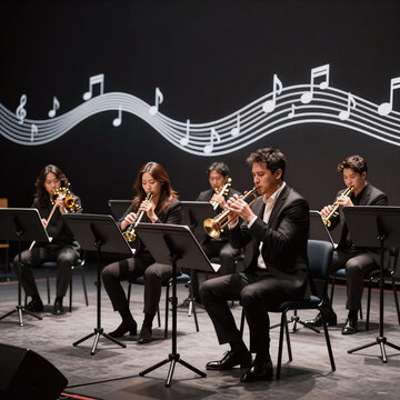 Geometric Violin School. Stock Image: Group Of Waving Music Notes Against A Musical-Noted Background