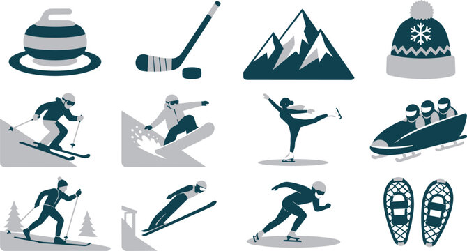 Minimalist Winter Sports Activity Icons Collection Blue Grey Flat Design