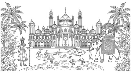 Fototapeta premium Historical Indian palace scene with king on elephant and tropical scenery.