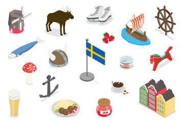 3D Isometric Flat  Illustration of Sweden Culture Elements, Food, Culture, Landmarks © TarikVision