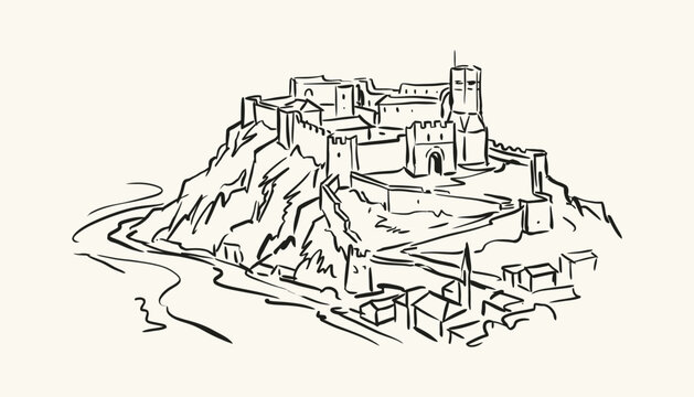 Hand drawn ink sketch of Rozafa Castle fortress on a hill in Shkoder Albania