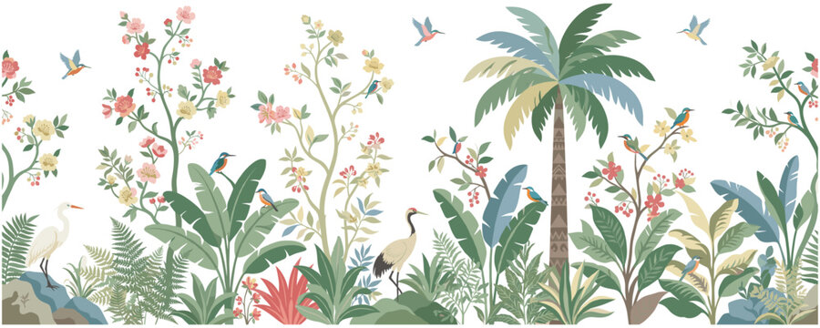 Chinoiserie garden with colorful flowers palm trees and wild birds.