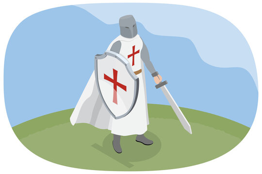 3D Isometric Flat  Illustration of Crusader Knight, Templar with Sword And Shield In Dramatic Landscape