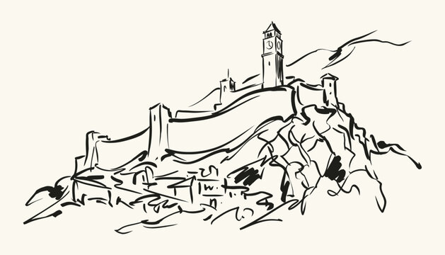 Hand drawn ink sketch of Gjirokaster Castle with clock tower landmark in Albania