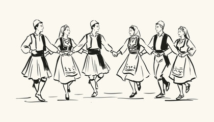 Obraz premium Albanian folk dance illustration featuring men and women in traditional ethnic costumes performing together