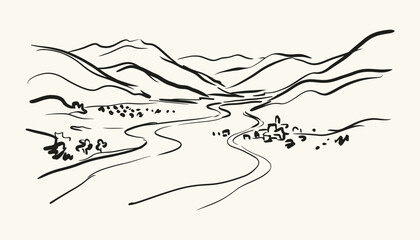 Fototapeta premium Hand drawn sketch of Albanian mountain valley landscape with village and winding road