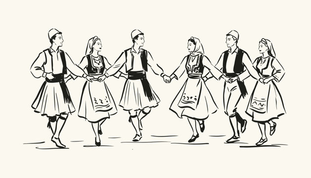 Albanian folk dance illustration featuring men and women in traditional ethnic costumes performing together