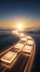 Obraz premium Illuminated books form a path leading towards a bright sunrise over a misty horizon