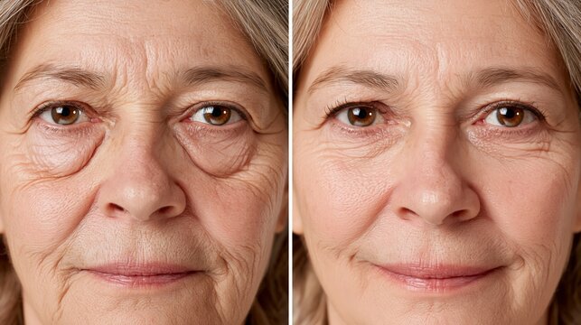 Symmetric centered split frame showing bilateral puffy herniated fat bags under both eyes versus flat smooth undereye skin. Concept of undereye bag correction.