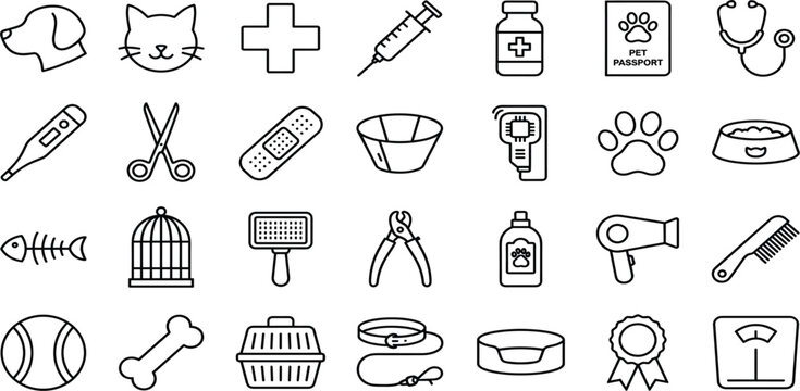 Veterinary Care and Pet Grooming Clinic Line Icon Set featuring Dog Cat Medical Tools Passport Microchip Domestic Animal Health Equipment Vector