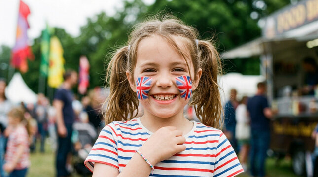 Happy child with face paint at outdoor summer festival or fair
