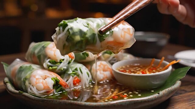 Delicious Vietnamese Fresh Spring Rolls with Shrimp and Vegetables.
