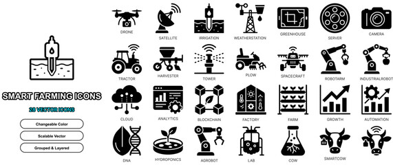 Smart farming and agriculture icon set vector featuring farm tractor and plant illustration for modern digital web design projects. © AfsanaBinteSalam