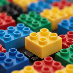 Fototapeta premium Cinematic Plastic Finance. Construct A Digital Illustration Of An Intricate, Colorful Structure Made With Interlocking Plastic Building Blocks