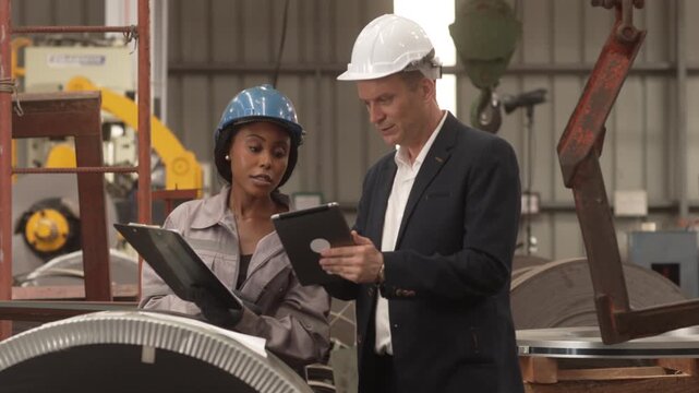 Medium shot of a Caucasian male executive and a Black female manager wearing safety helmets while reviewing operational data on a digital tablet in a heavy industrial plant. Concept of corporate 