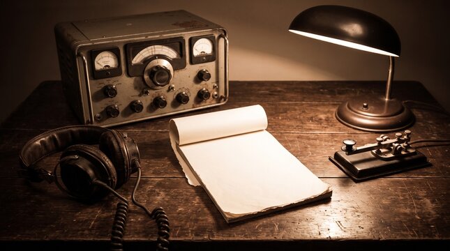 Antique Radio Transceiver With Telegraph Key And Headphones
