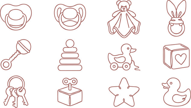 Baby Toys and Nursery Essentials Line Art Icon Set Featuring Pacifiers Rubber Duck Blanket Rattle Building Blocks Keys and Stacking Rings