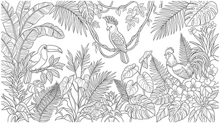 Tropical jungle scene with toucan, rooster, cockatoo and plants outline. © SABIKUNNAHAR