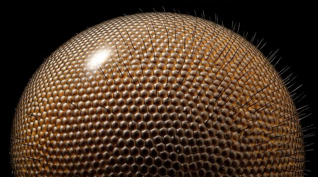 Extreme macro close up of a fly compound eye showing ommatidia.