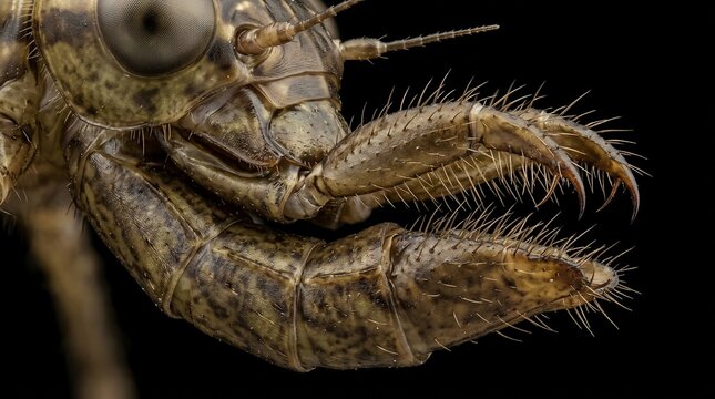 Extreme Macro Close Up of a Mantis Head and Raptorial Legs.