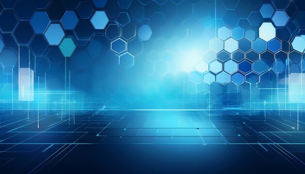 professional blue background with transparent overlapping hexagon shapes and tech inspired geometry