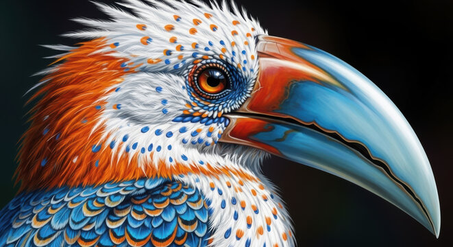 Colorful hornbill bird portrait with detailed feathers and large beak