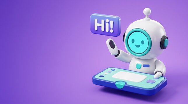 Friendly 3D robot assistant saying Hi with speech bubble on purple background, copy space