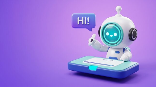 Friendly 3D robot assistant saying hi with speech bubble on purple technology background