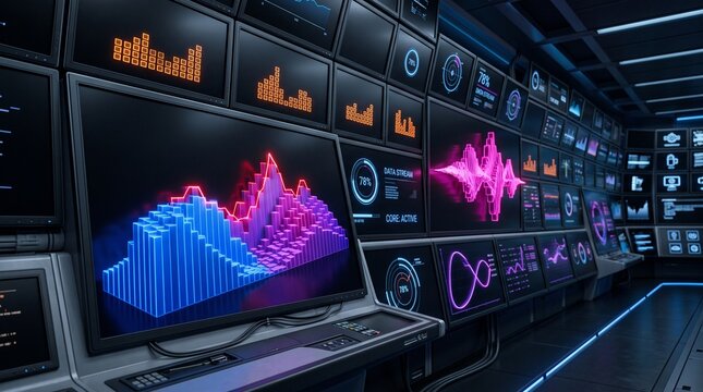 Futuristic control room monitors showing real time data analytics charts and network graphs