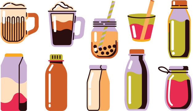 Fresh juice bottle and cafe beverage vector illustration set featuring iced coffee milkshakes bubble boba tea mason jar fruit smoothies and paper milk carton packaging.
