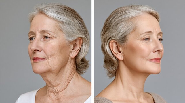 Extreme side-profile split frame showing heavy sagging drooping neck and jaw versus a sharp defined lifted neck silhouette. Concept of neck and jaw contouring.