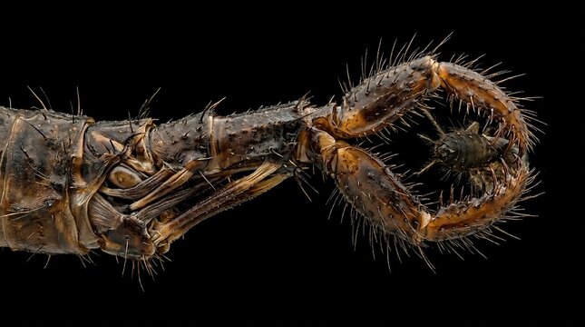 Extreme Macro Photography of a Scorpion Tail Stinger Against a Black Background.