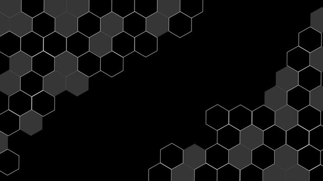 Abstract background with hexagon outlines and filled shapes around the edges animation