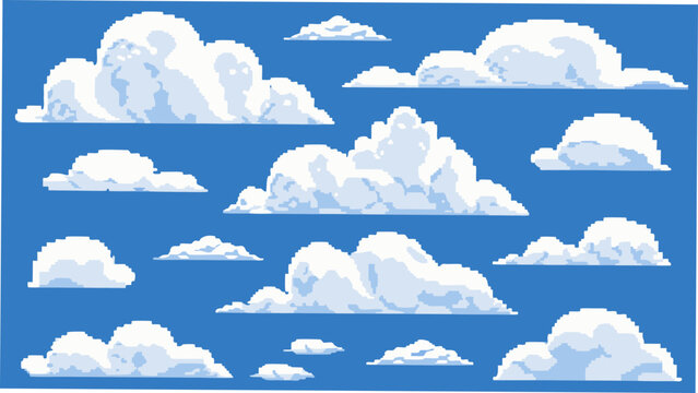 A collection of white cumulus clouds depicted in a pixelated vector illustration style cloudscape sky