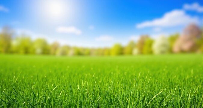 Beautiful panoramic natural landscape of a green field with grass against a blue sky with sun. Spring summer blurred background.
