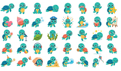 Cute Baby Sea Turtle Character Collection with Cartoon Ocean Mascot Poses Flat Vector Set © Joy