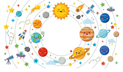 Cute Kawaii Solar System Poster with Smiling Planets Kids Astronomy Education Flat Vector © Joy