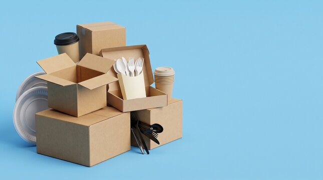 Cardboard takeout food delivery boxes with disposable cutlery and cups on blue background
