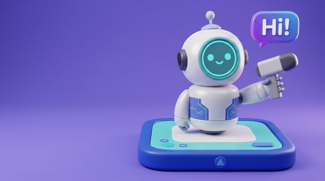 Cute 3D AI robot waving and saying hi with speech bubble on purple studio background