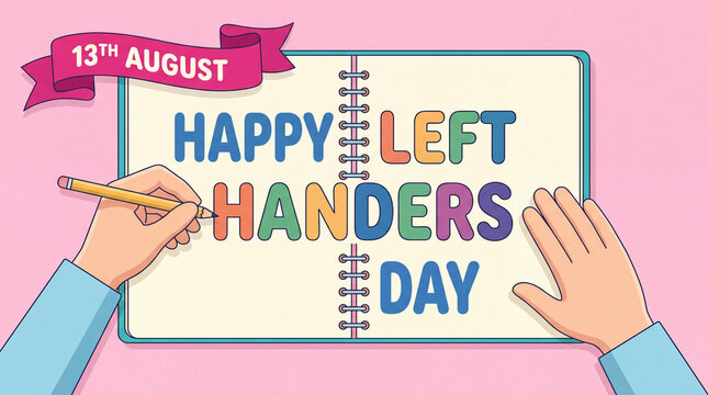 A colorful illustration featuring a person writing Happy Left Handers Day on August 13th in a spiral notebook, celebrating left-handedness.