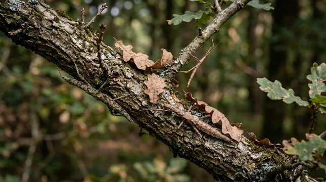 Fallen autumn oak leaves resting on a rough tree branch in the forest.