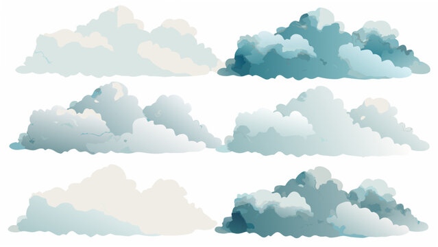 A collection of eight fluffy cloud formations vector illustration with a white background atmospheric azure