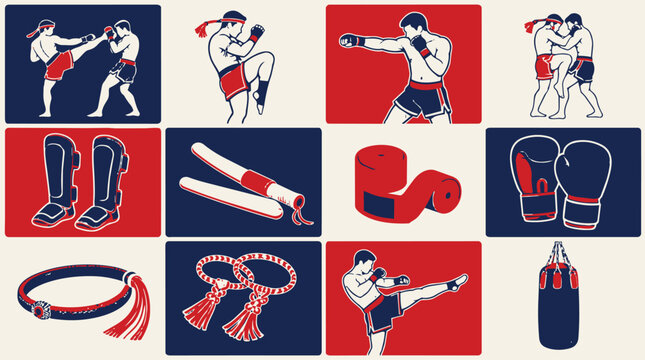 Muay Thai Fighters Training Equipment Flat Vector Illustration Set