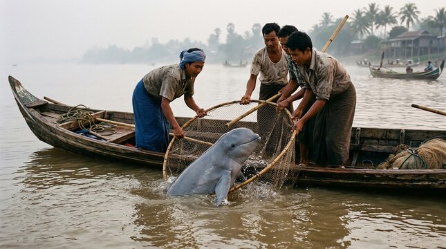 Fishermen practicing traditional cooperative fishing with an Irrawaddy dolphin in Myanmar.