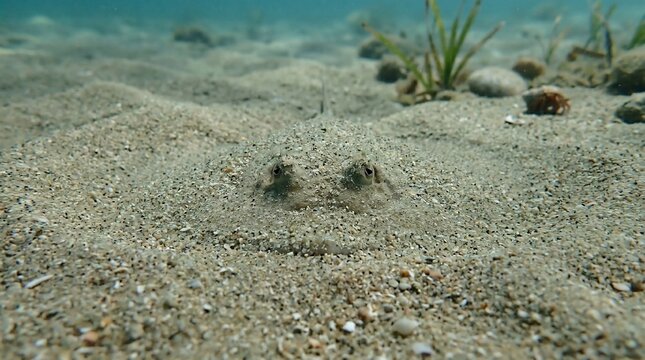 Flatfish camouflaged on the sandy ocean floor.