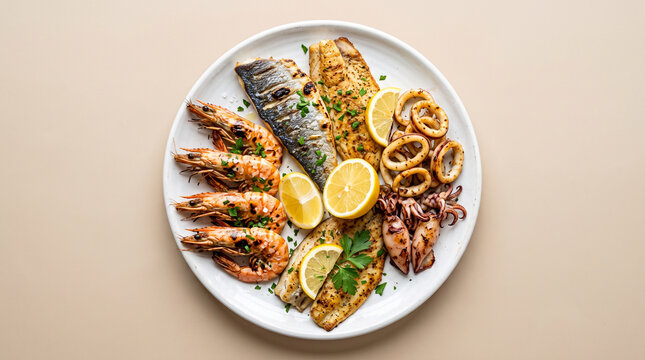 Grilled seafood platter with fish fillets, prawns, calamari rings and baby squid garnished with fresh herbs and lemon slices on a plate