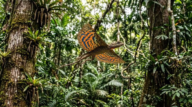 Flying Dragon Lizard Gliding Through Lush Tropical Rainforest.