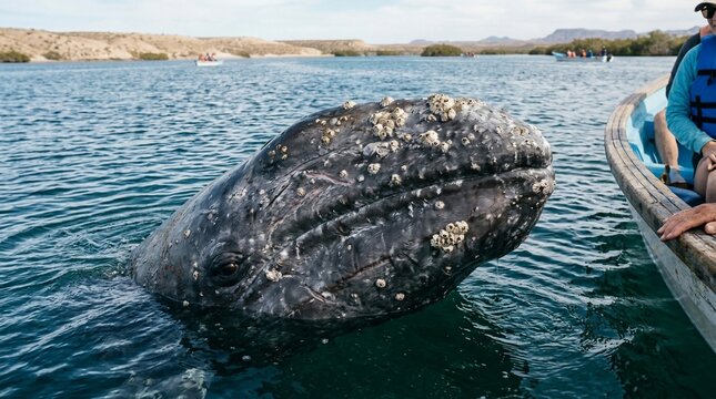 Friendly gray whale approaching a tourist boat in Baja California.